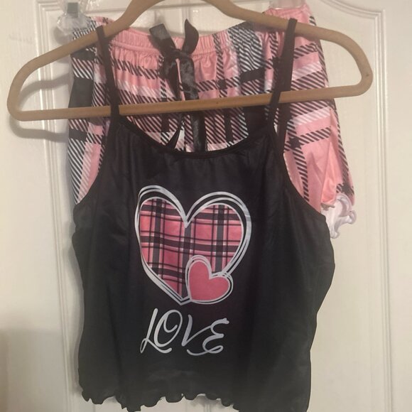Pajamas Pjs 2 Set Size S Pink & Black Plaid Women's Spaghetti Straps Shorts New - Picture 2 of 10
